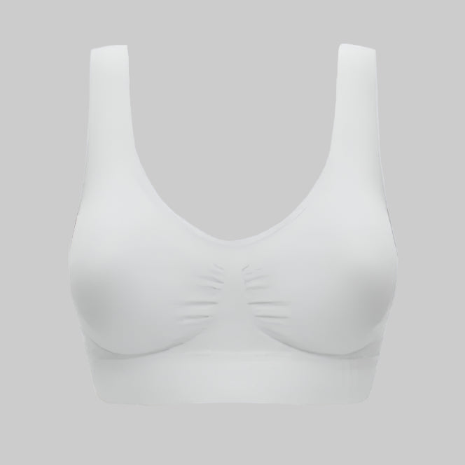 A white seamless sports bra with a scoop neckline and no visible seams or hooks.