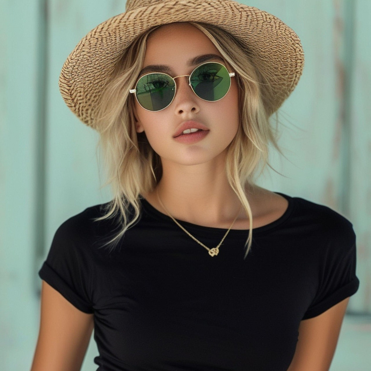 Blonde lady with hat and glasses