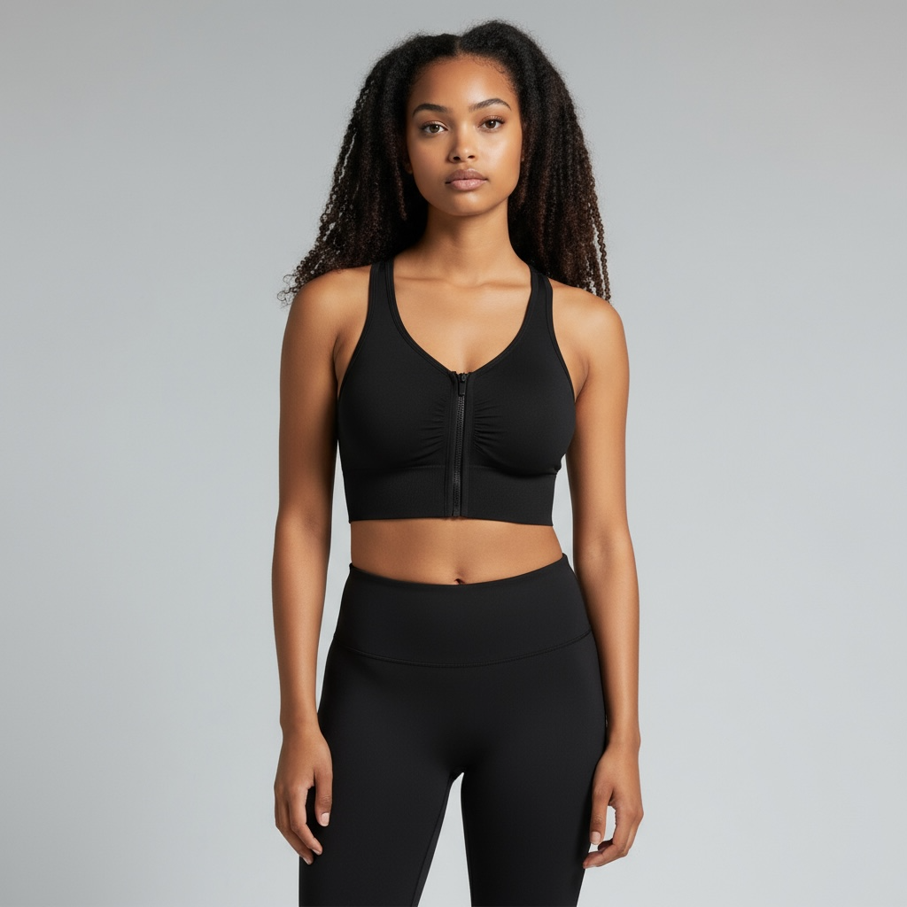 Woman wearing a black sports bra and leggings on a gray background