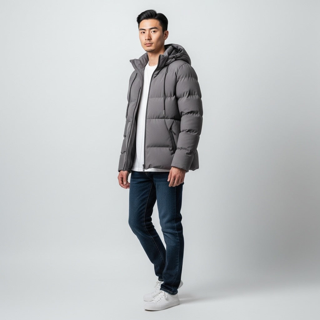 Man wearing a gray puffer jacket on a white background