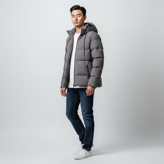 Man wearing a gray puffer jacket on a white background