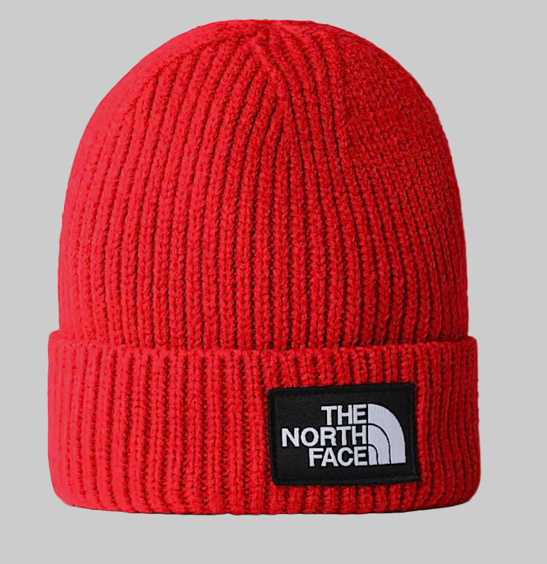 Red knit beanie with The North Face logo on a gray background